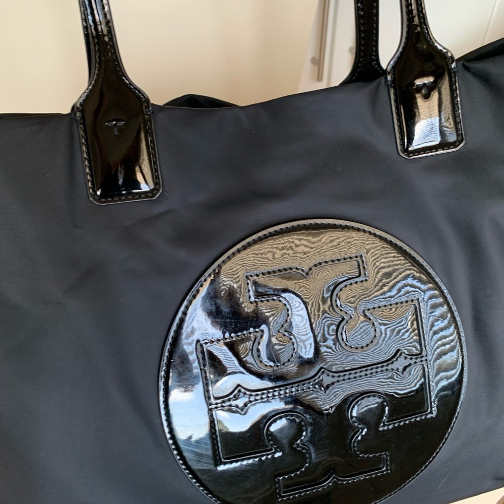 Tory Burch Black Ella Patent Tote with Silver Accents